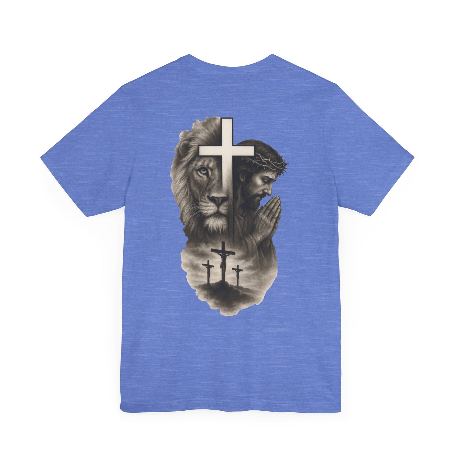 Back Design Lion of Judah Christian T-Shirt – Jesus Praying, Cross & Calvary Three Crosses – Faith-Based Religious Tee - OGGDesigns