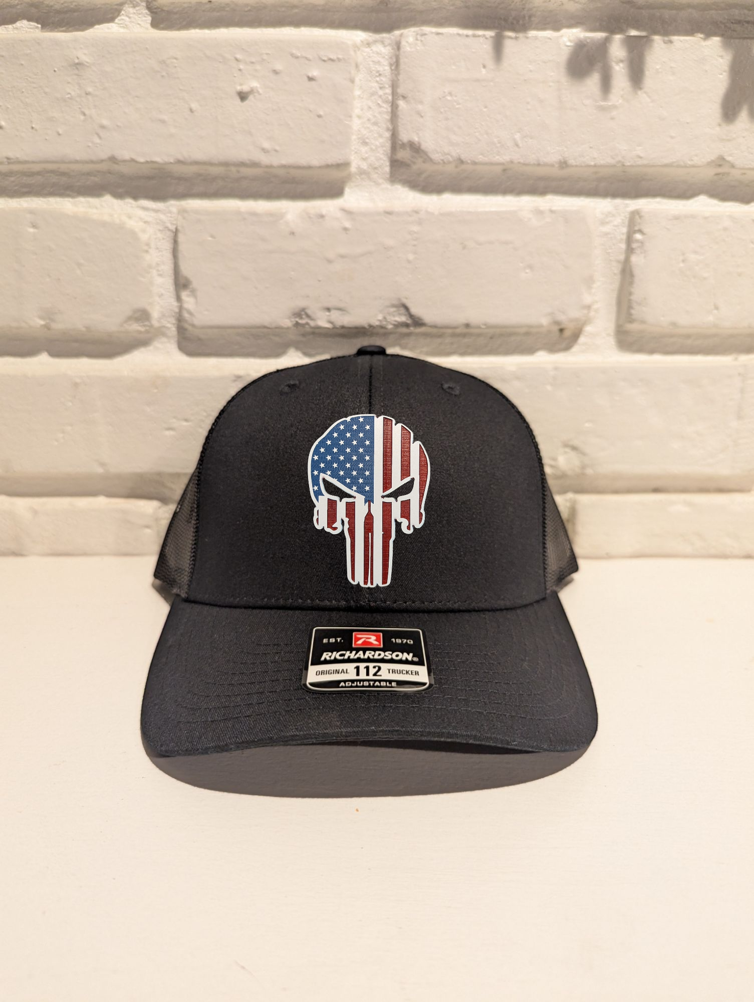 Custom Skull American Flag Richardson 112 Trucker Hat