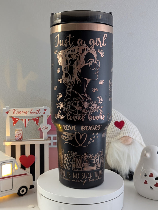 Unique Book Lover's 40 oz Tumbler Laser Engraved Stainless Steel tumbler with Handle