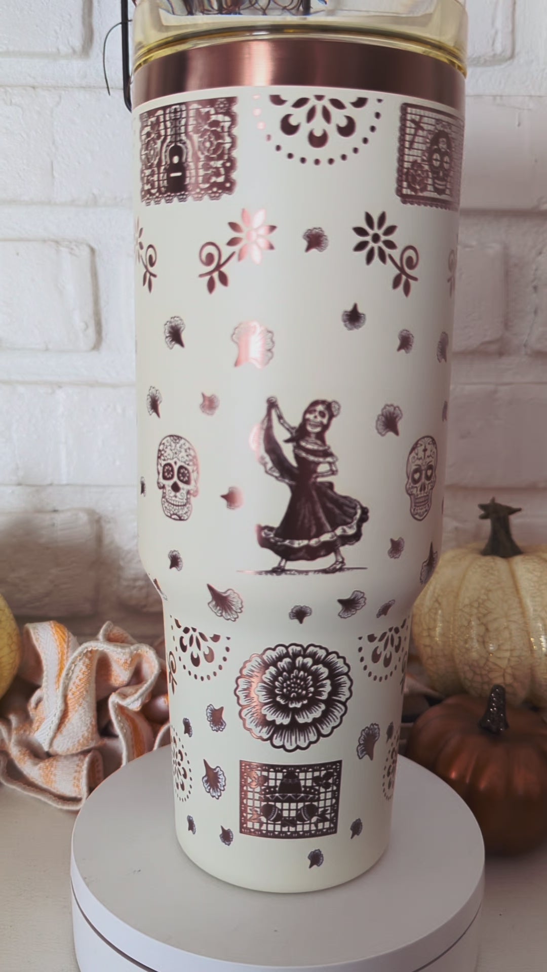 40oz Día de los Muertos Laser Engraved Tumbler – Full Rose Gold Wrap | Premium Insulated Stainless Steel Cup