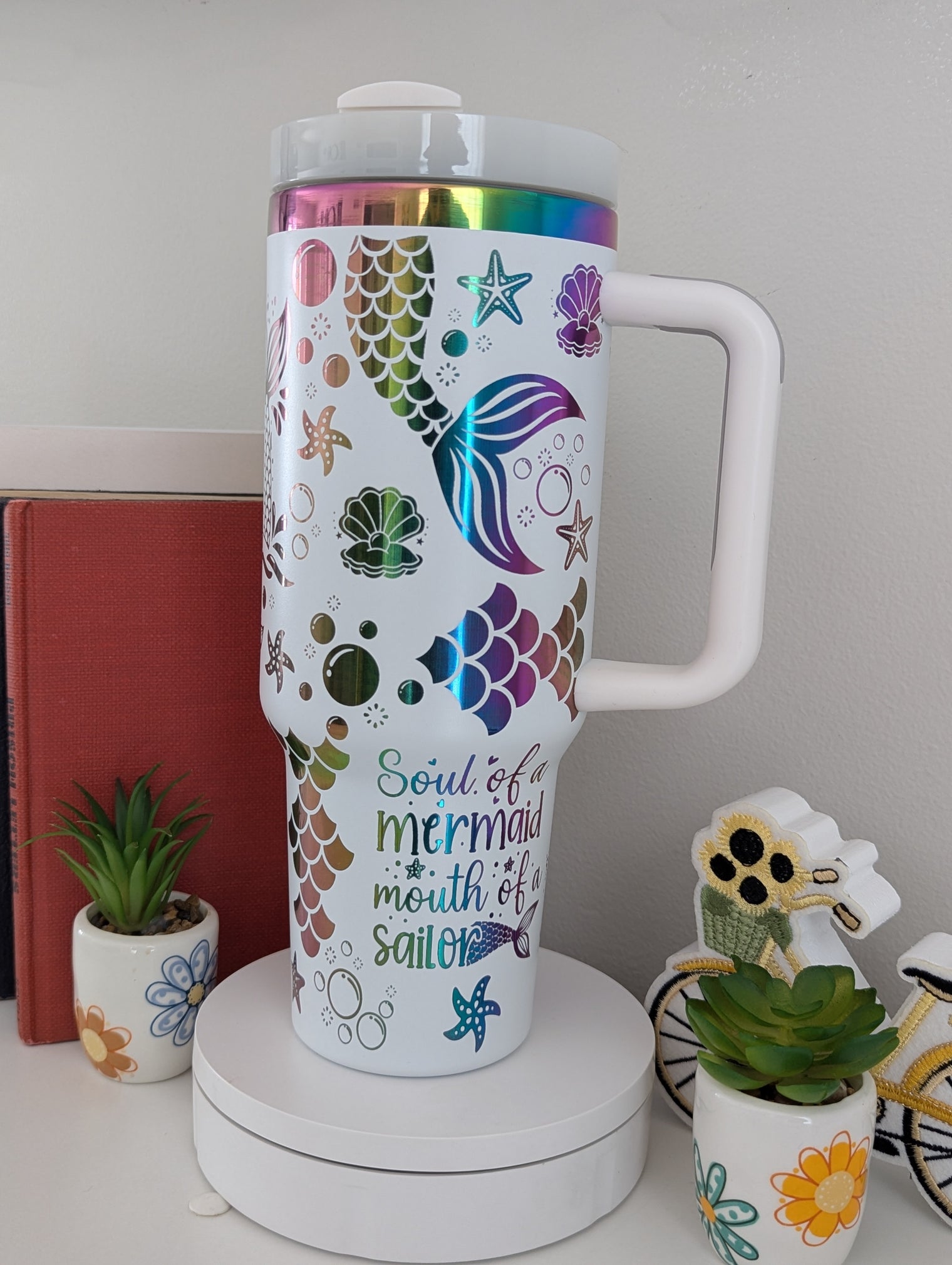 Mermaid 40 oz Custom Tumbler with handle, Stainless Steel Ocean Lover Gift, Under the Sea Vibe