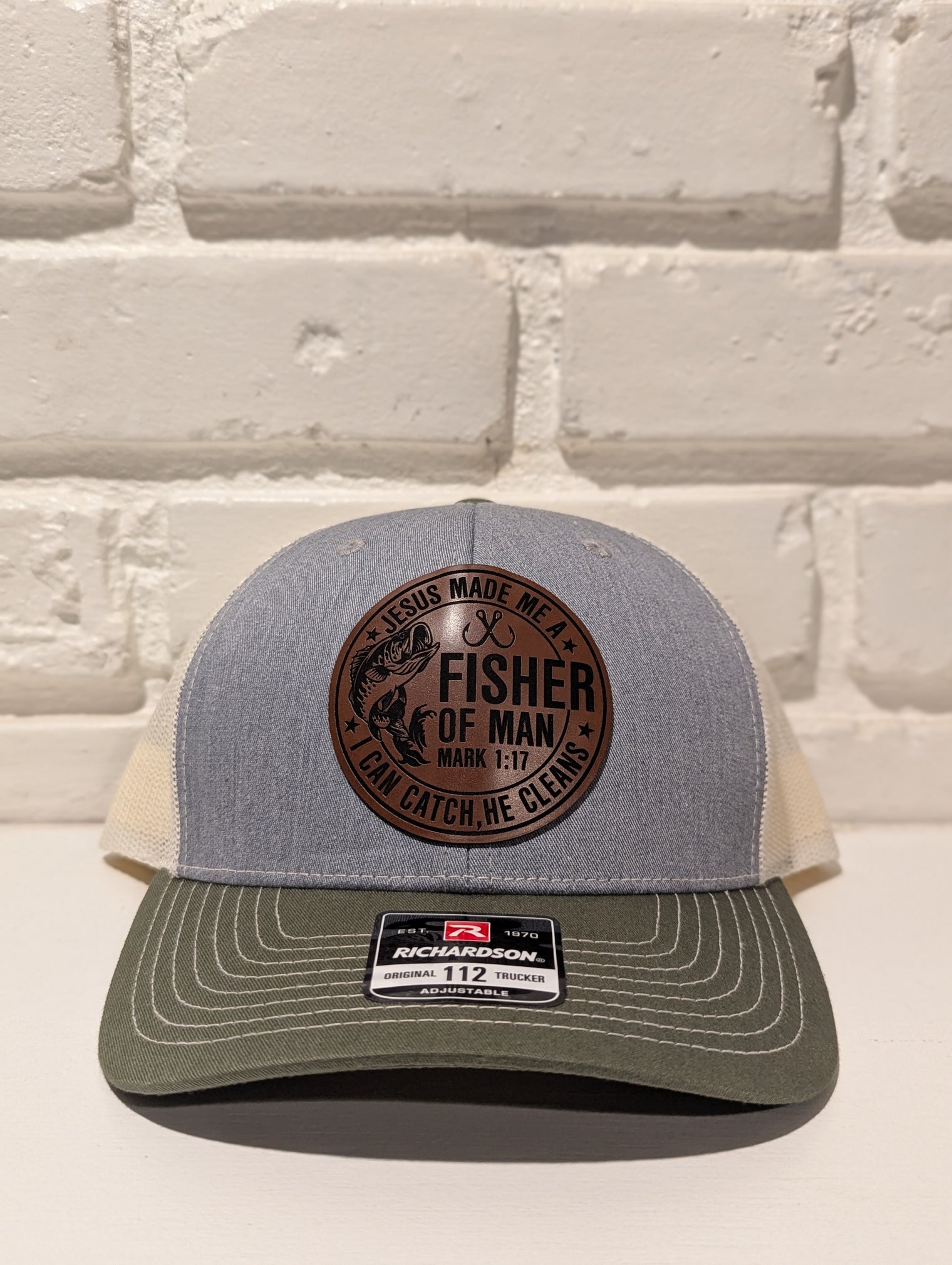 Fisher of Men Christian Hat Leatherette Patch Richardson 112 Trucker Cap Faith Based Outdoor Gift for Him, Father's Day Hat - OGGDesigns