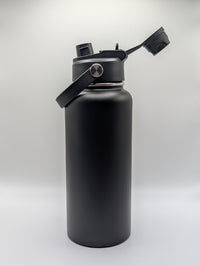 32oz matte black dual-lid water bottle blank with flip straw lid and carry handle, laser engraving ready