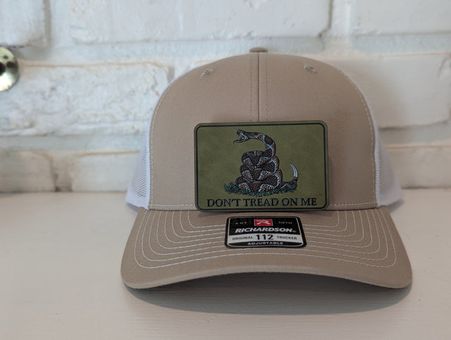 Don't Tread On Me Hat Die Cut UV Texture Build Leatherette Heritage Walnut Patch Richardson 112 Trucker Cap USA Patriotic Hat - OGGDesigns