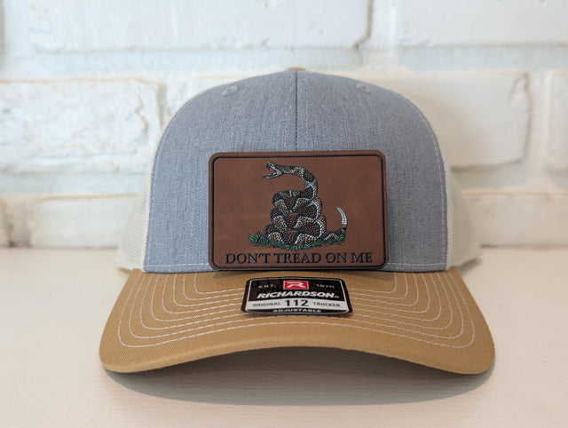 Don't Tread On Me Hat Die Cut UV Texture Build Leatherette Heritage Walnut Patch Richardson 112 Trucker Cap USA Patriotic Hat - OGGDesigns