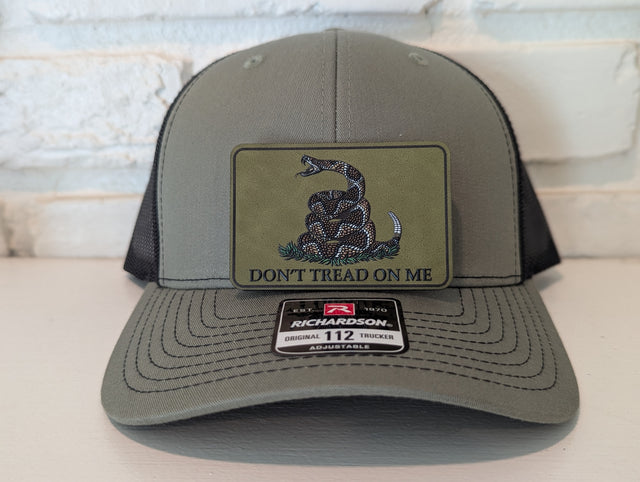 Don't Tread On Me Hat Die Cut UV Texture Build Leatherette Heritage Walnut Patch Richardson 112 Trucker Cap USA Patriotic Hat - OGGDesigns