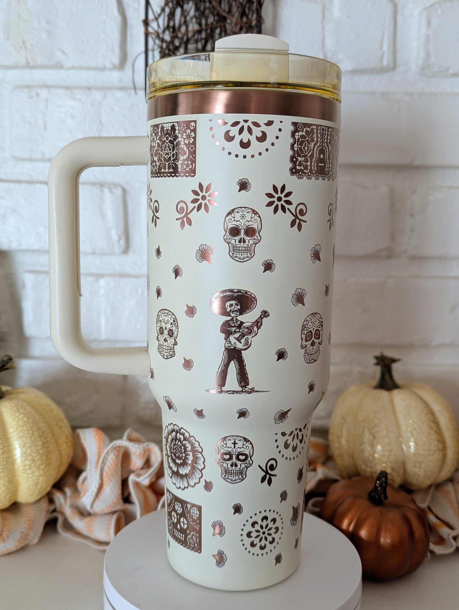 40oz Día de los Muertos Laser Engraved Tumbler – Full Rose Gold Wrap | Premium Insulated Stainless Steel Cup - OGGDesigns