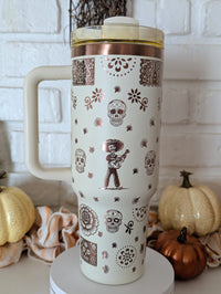 40oz Día de los Muertos Laser Engraved Tumbler – Full Rose Gold Wrap | Premium Insulated Stainless Steel Cup - OGGDesigns