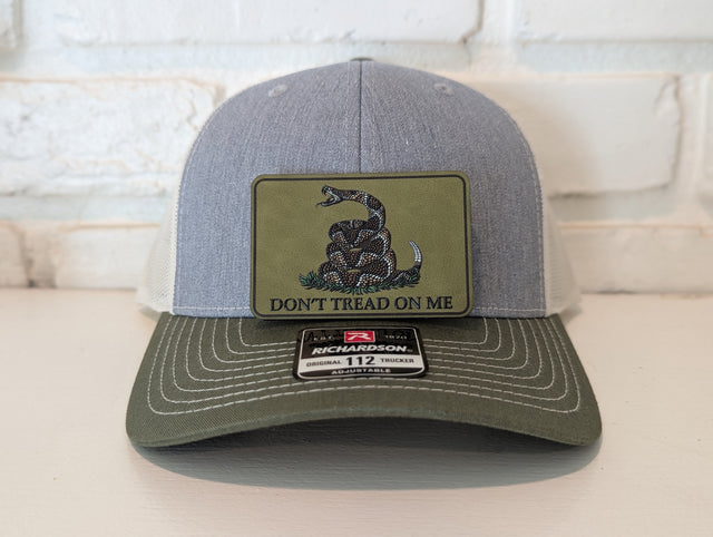 Don't Tread On Me Hat Die Cut UV Texture Build Leatherette Heritage Walnut Patch Richardson 112 Trucker Cap USA Patriotic Hat - OGGDesigns