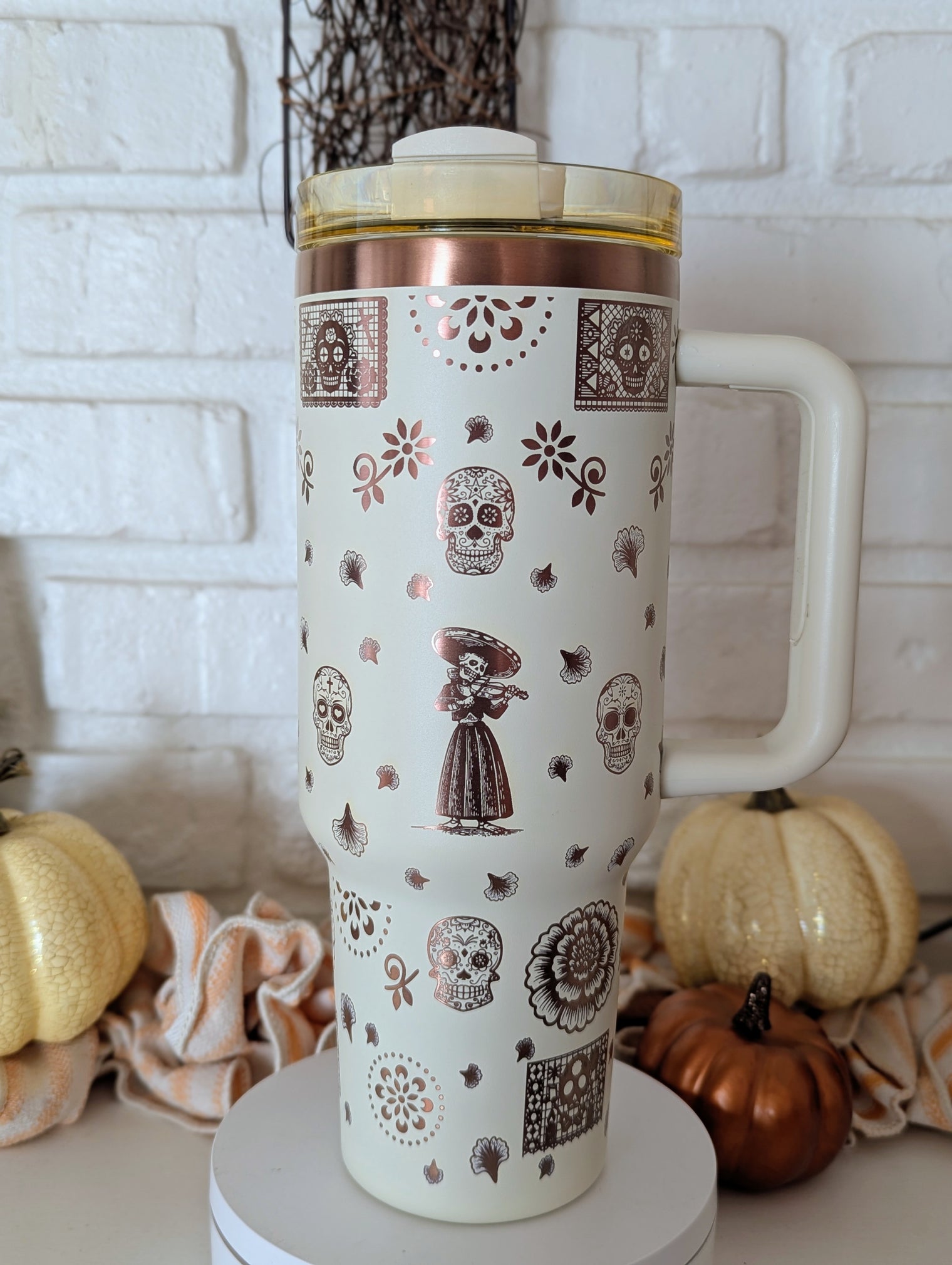 40oz Día de los Muertos Laser Engraved Tumbler – Full Rose Gold Wrap | Premium Insulated Stainless Steel Cup - OGGDesigns