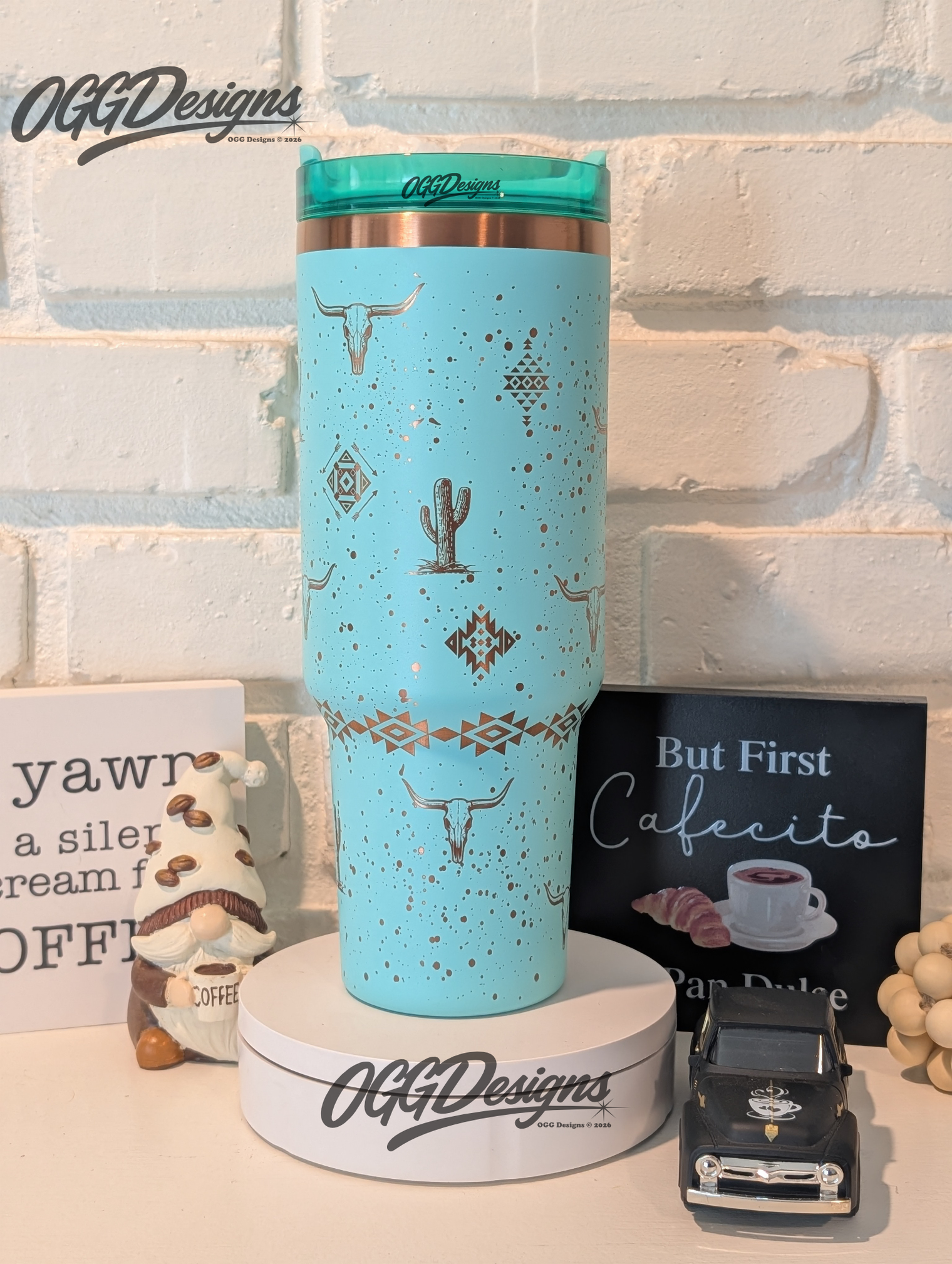 Western Aztec 40oz Tumbler – Desert Cactus & Longhorn Engraved - OGGDesigns